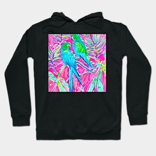 Pink and turquoise watercolor drawing of parrots Hoodie